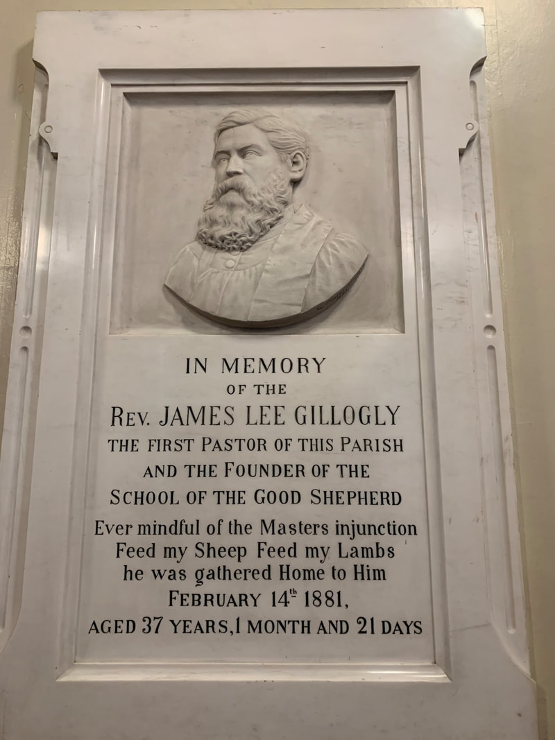 Photo of a plaque of the Rev. James Gillogly, first rector of Good Shepherd Church.