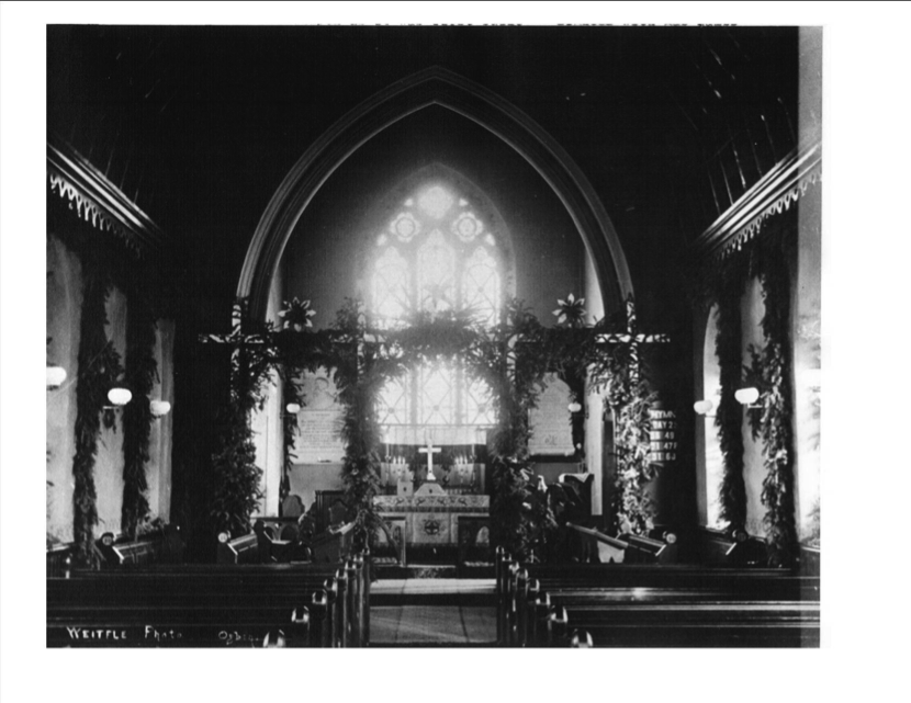 Historical photo of Good Shepherd sanctuary decorated for Christmas.